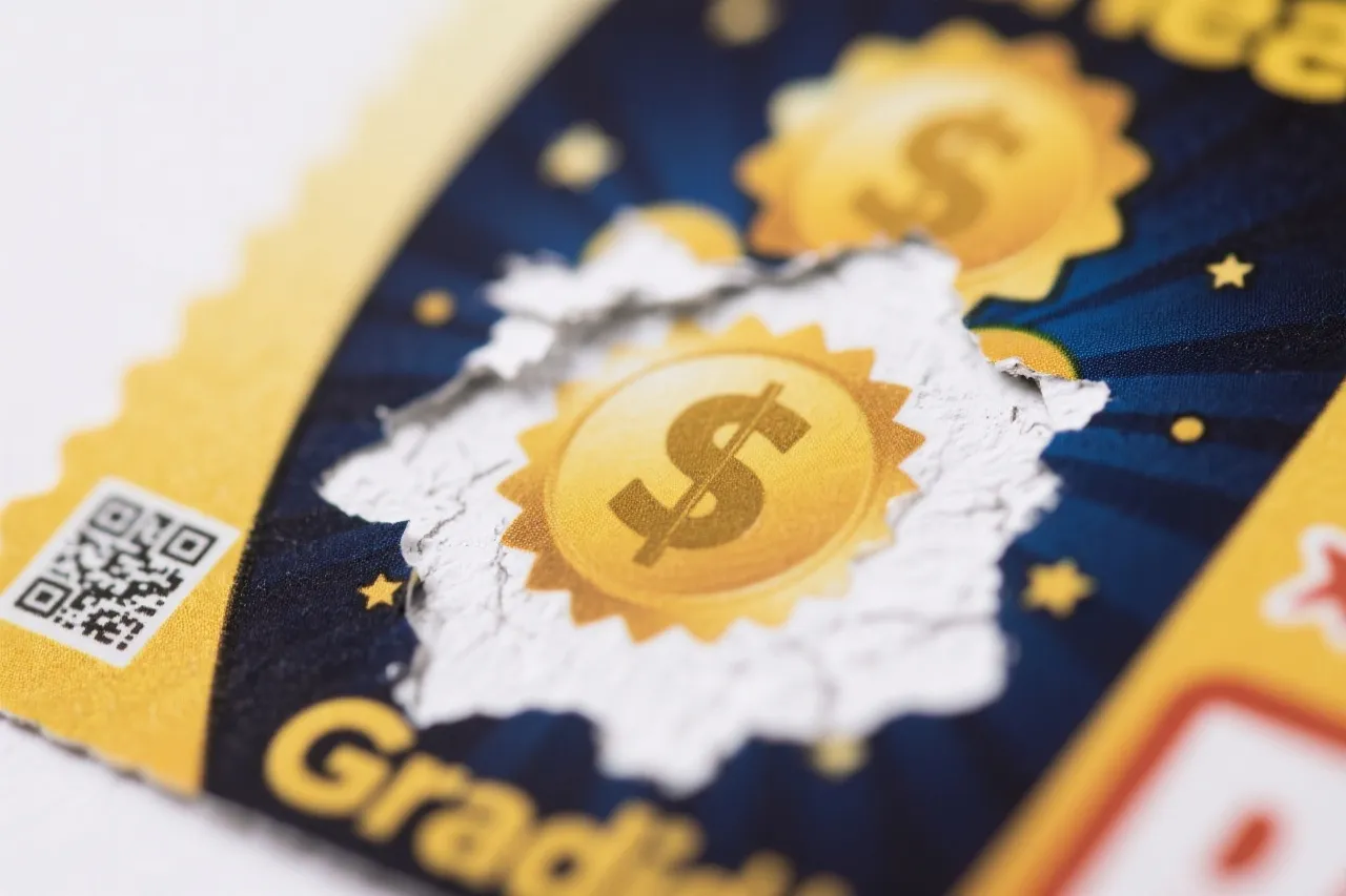 桌上香槟与刮刮乐彩票的特写，温暖灯光下的庆祝氛围